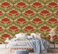 Bold heritage mushroom red wallpaper for a striking wall accent.
