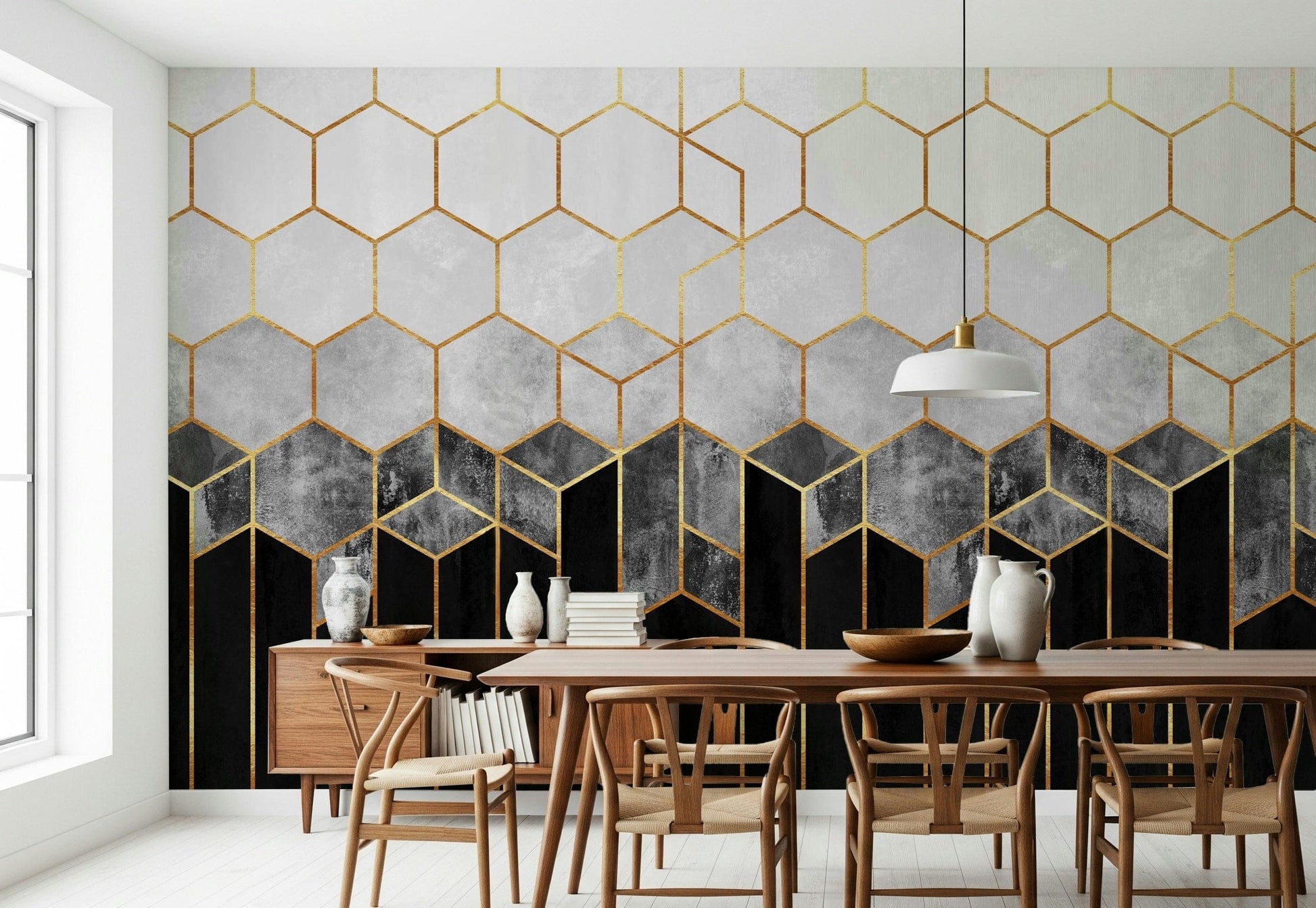 A beautiful geometric hexagon wallpaper mural with Art Deco style.