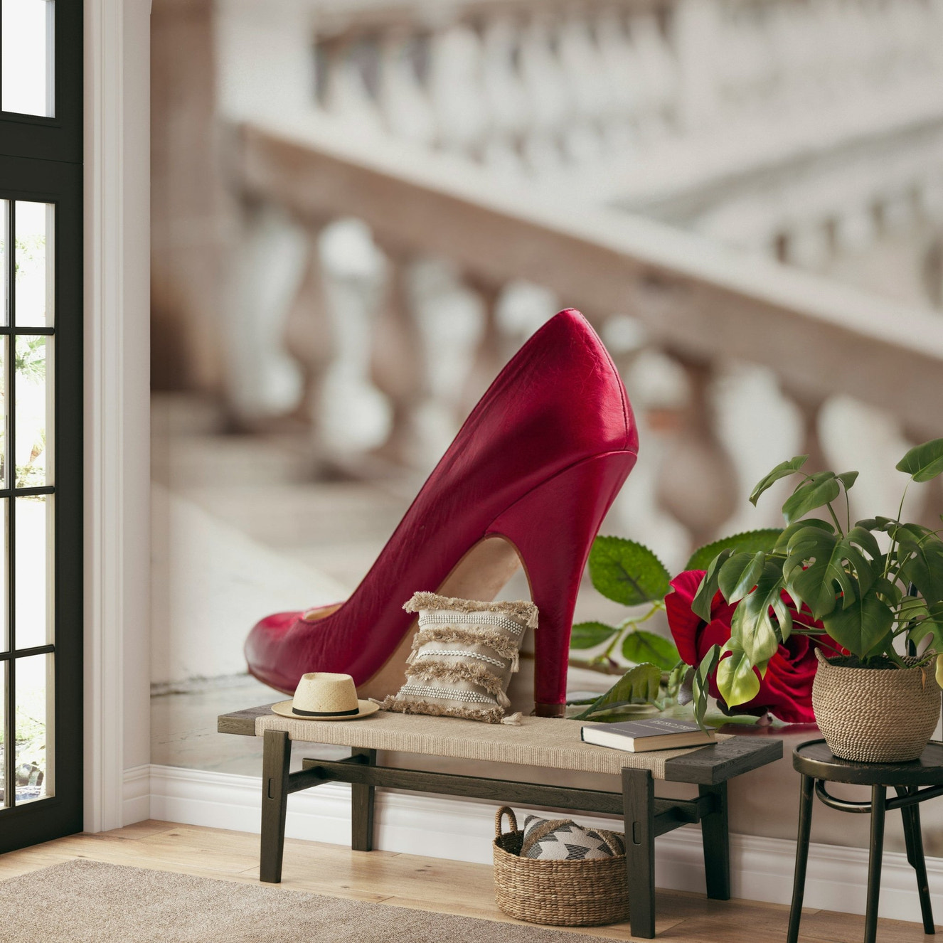 Captivating High Heels and Rose wall mural, fashionable art.