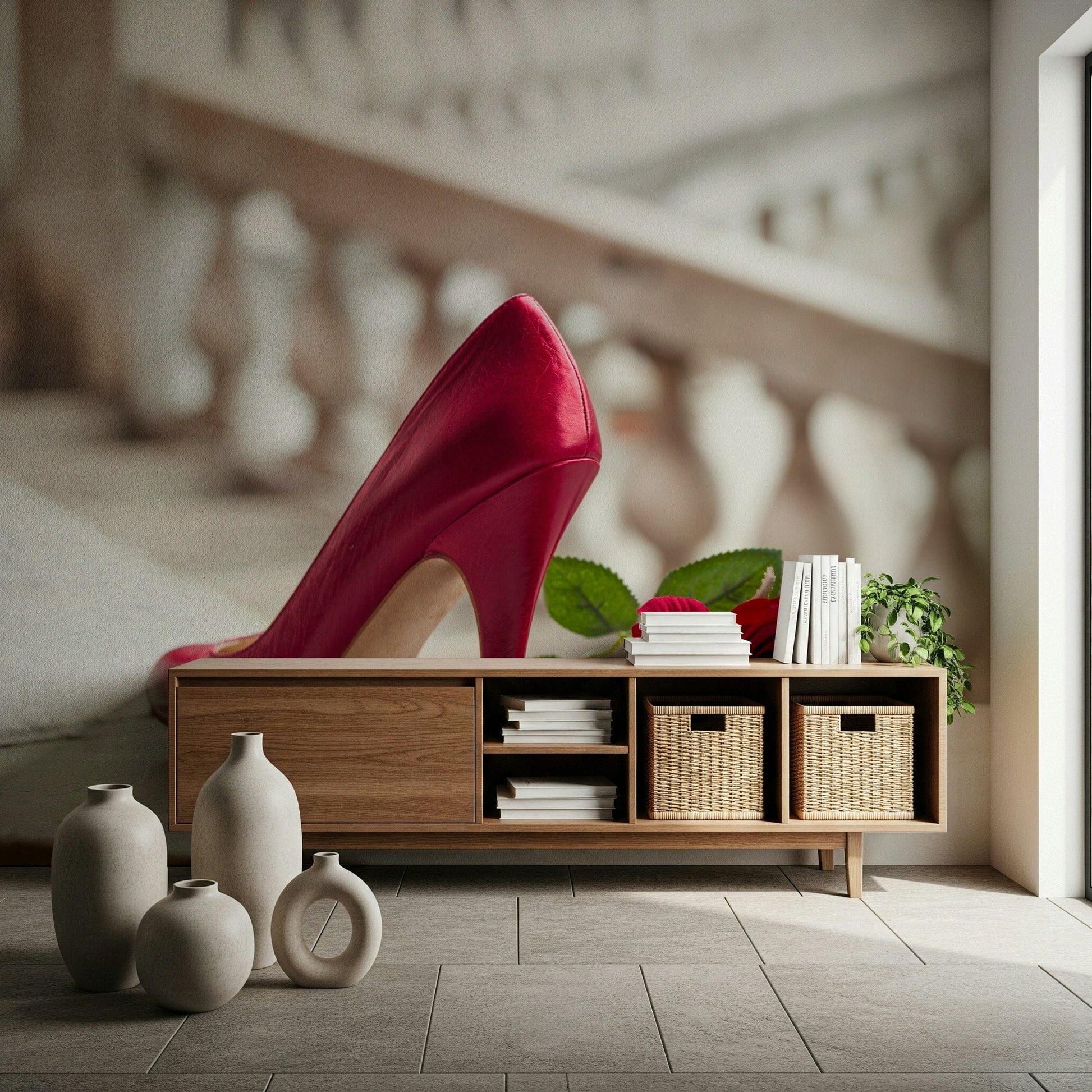 Dramatic High Heels and Rose wallpaper, vibrant red shoe.