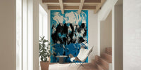 Abstract crashing wave patterns in blue and black creating a powerful high tide wallpaper design.