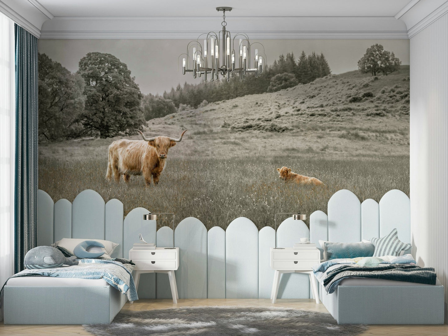 Soft countryside wallpaper with a Highland cow grazing


