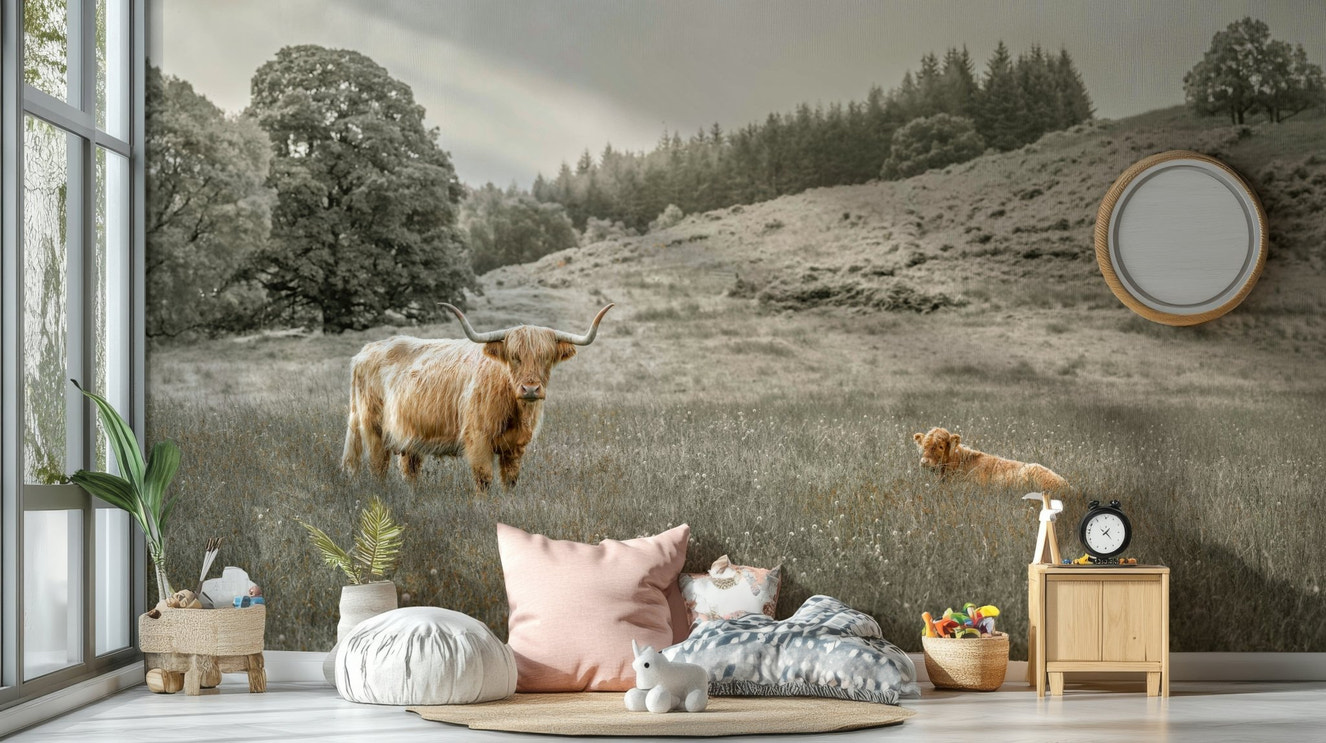 Majestic Highland cow grazing in a peaceful landscape mural


