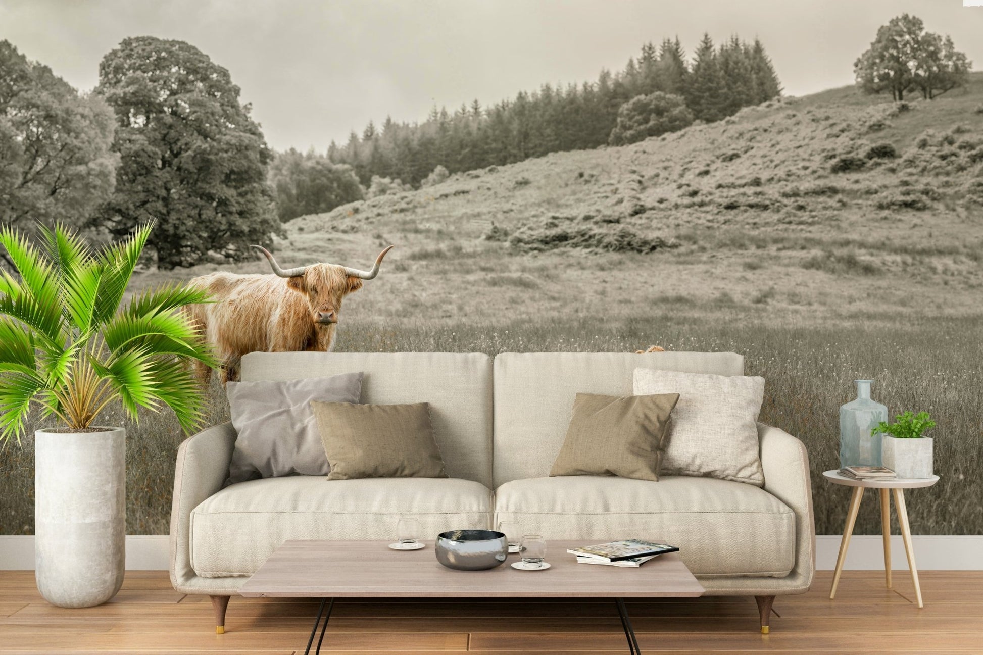 Highland cow mural with earthy tones for a rustic look

