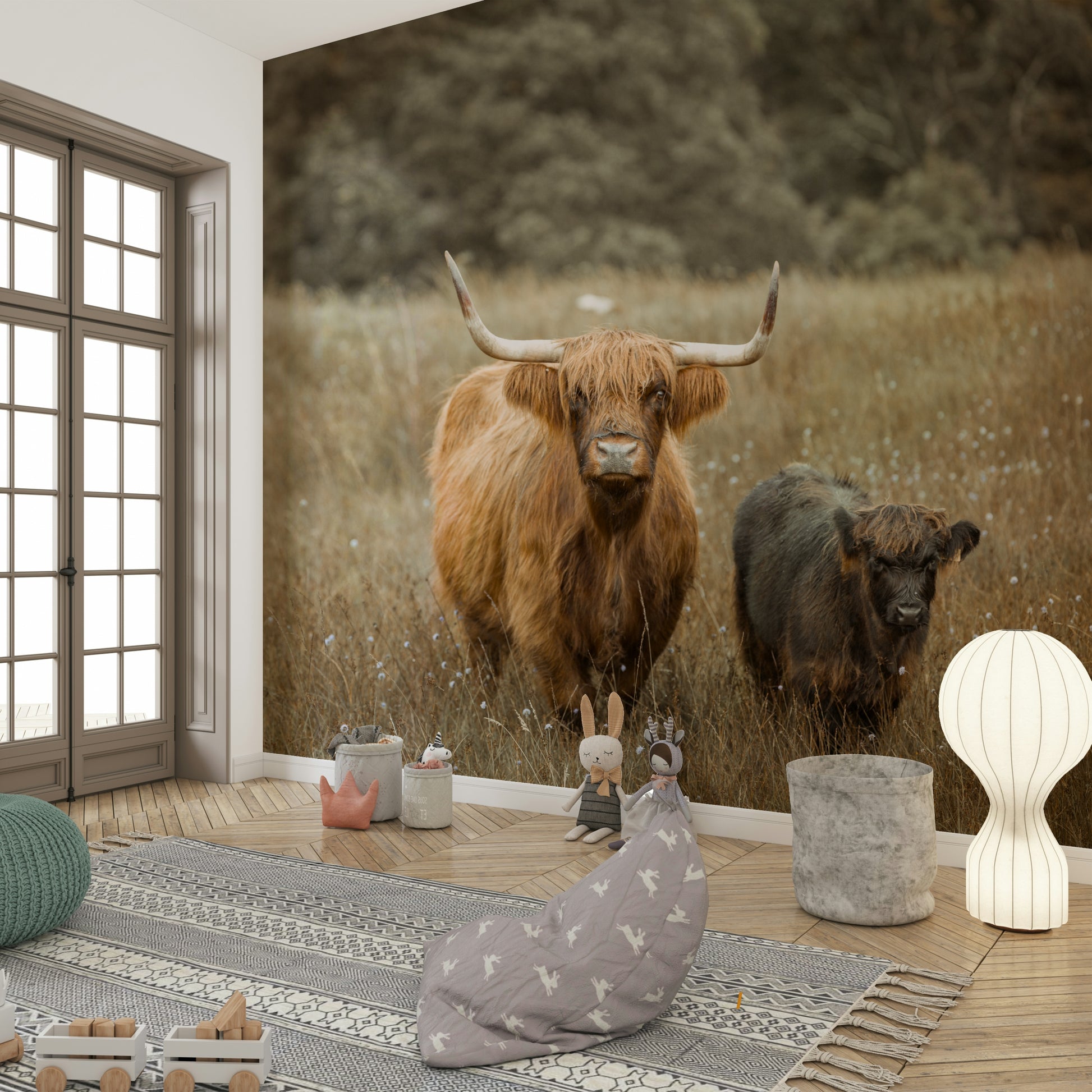 Serene nature scene mural with Highland cows in a peaceful setting.

