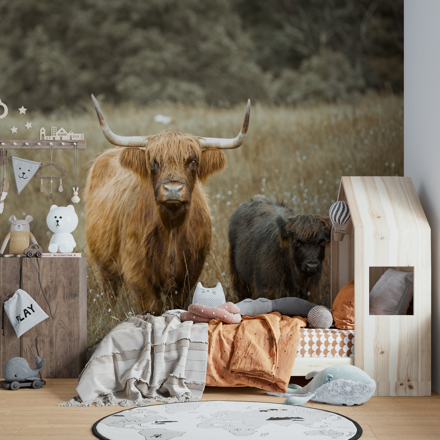 Highland cows mural wallpaper with a rural, countryside vibe.

