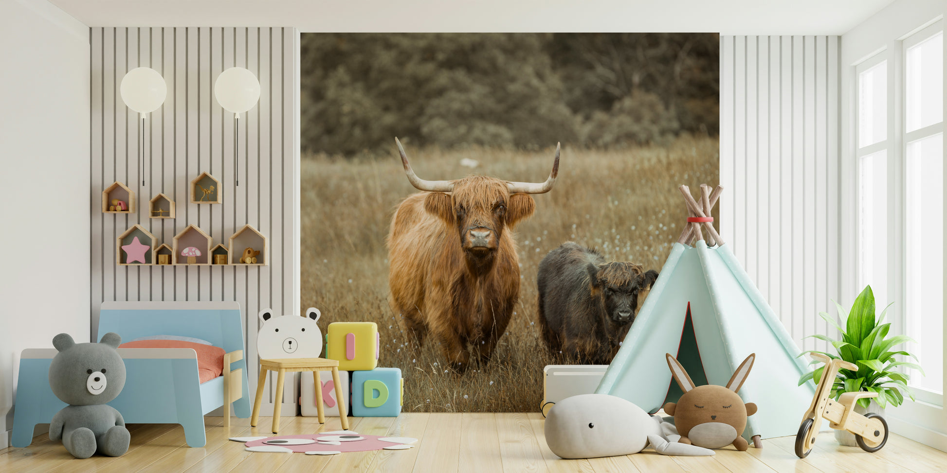 Highland Cows Wall Mural featuring cows in a peaceful pasture.

