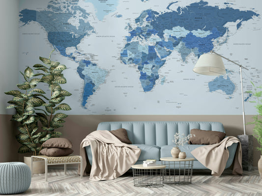 Carte du monde très détaillée dans la murale murale bleue