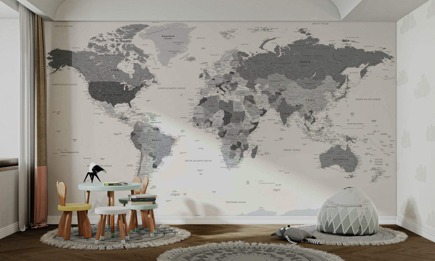 Detailed world map mural in muted grey shades

