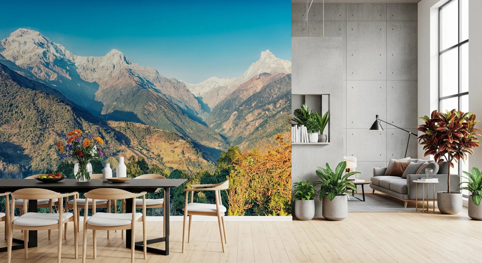 Serene mountain mural frames bright window seat