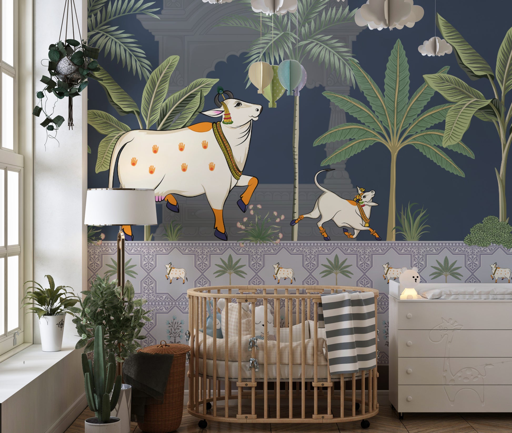 Kamadhenu cow and calf wall mural with palm trees

