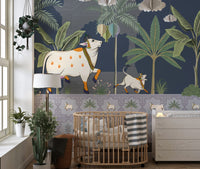 Kamadhenu cow and calf wall mural with palm trees
