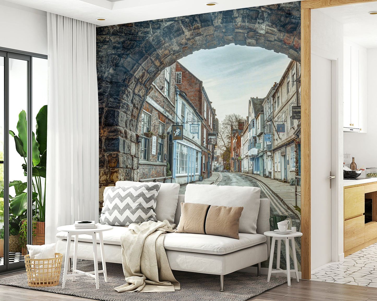 Stone arch mural for stylish apartment living room wall decor