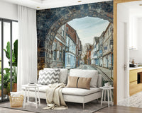 Stone arch mural for stylish apartment living room wall decor
