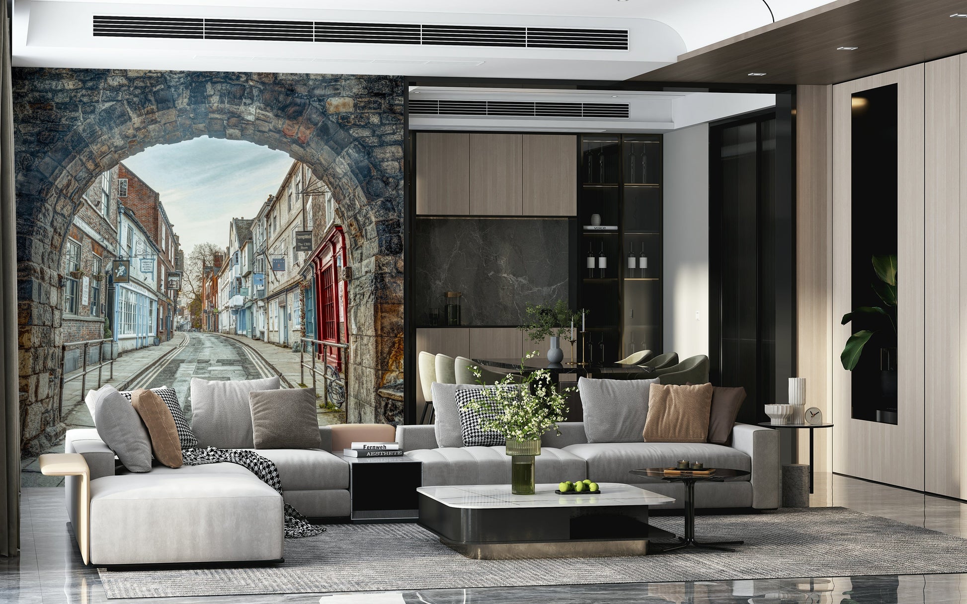 Apartment dining room with Through Time’s Arch feature wall