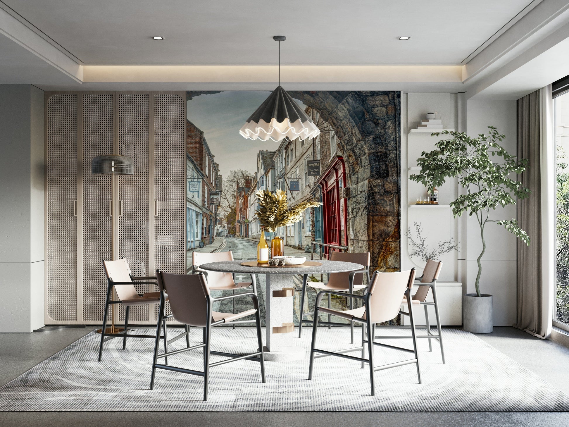 Elegant arched doorway mural for home study with soft lighting