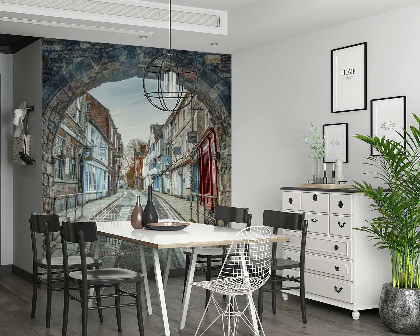 Neutral mural with ancient architecture for open-plan living area