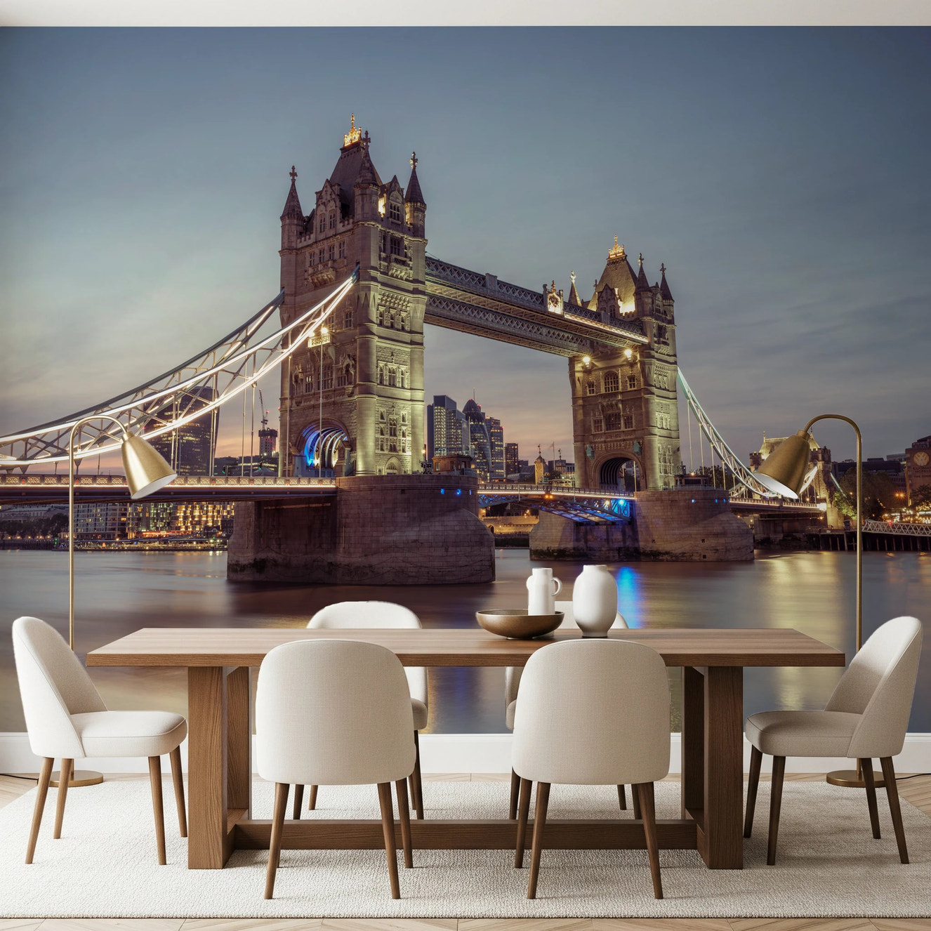 Historic Crossing dining area Wall Mural showing an illuminated bridge.