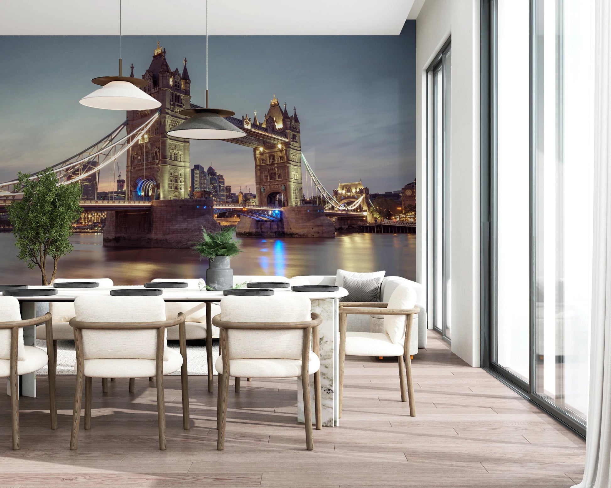 Glowing bridge lights on a Historic Crossing Wall Mural backdrop.