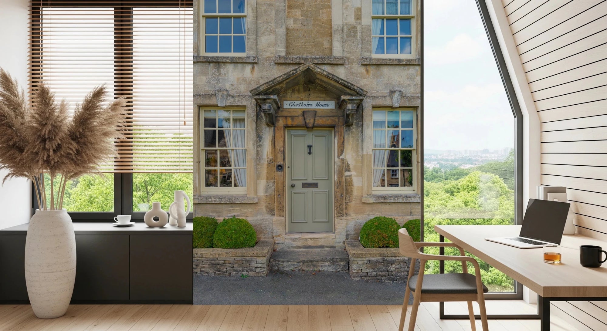 Historic Stone Home mural of a honey Cotswold house with sage door in a home office with a wooden desk and laptop