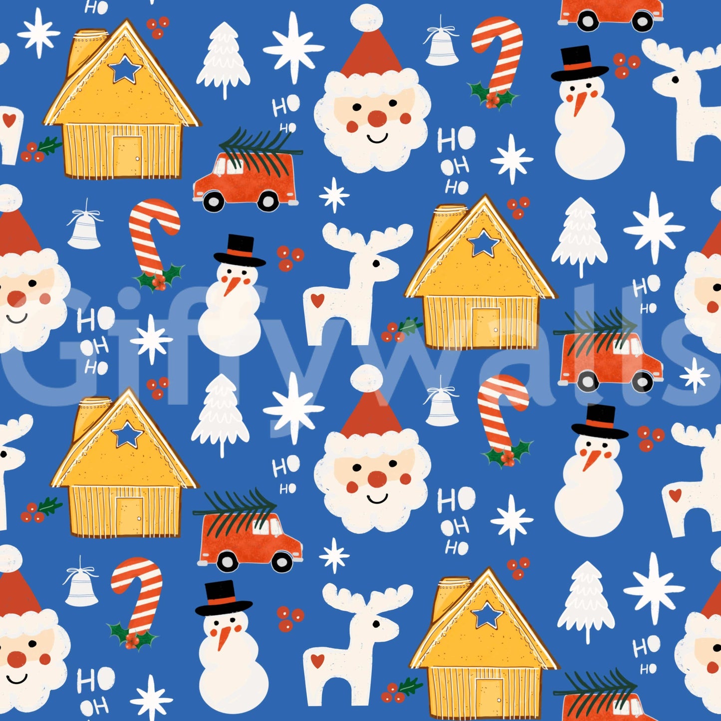 A lively winter wallpaper with cute doodle drawings of Santa, reindeer, snowmen, and holiday cabins.