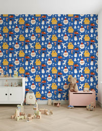 A joyful holiday wallpaper decorated with doodle-style cabins, candy canes, Santas, and snowflakes.
