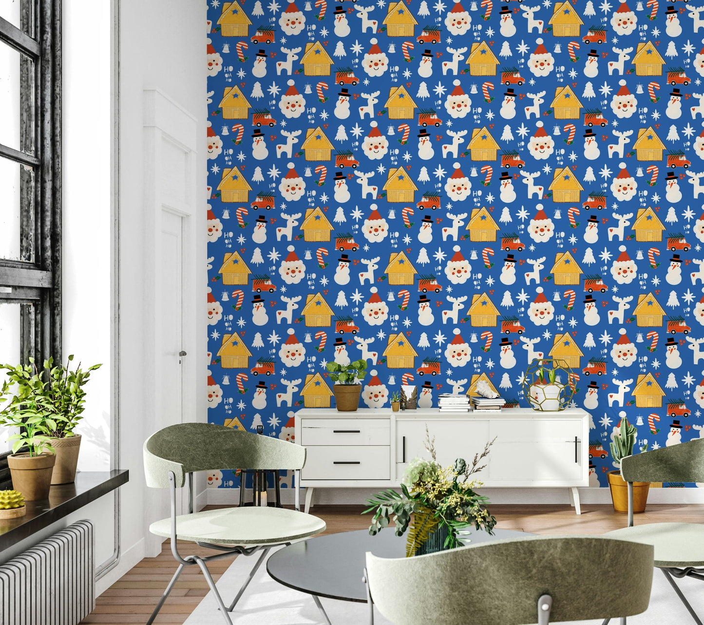 Playful Christmas icons scattered across a blue holiday wallpaper filled with Santa, trees, and candy canes.