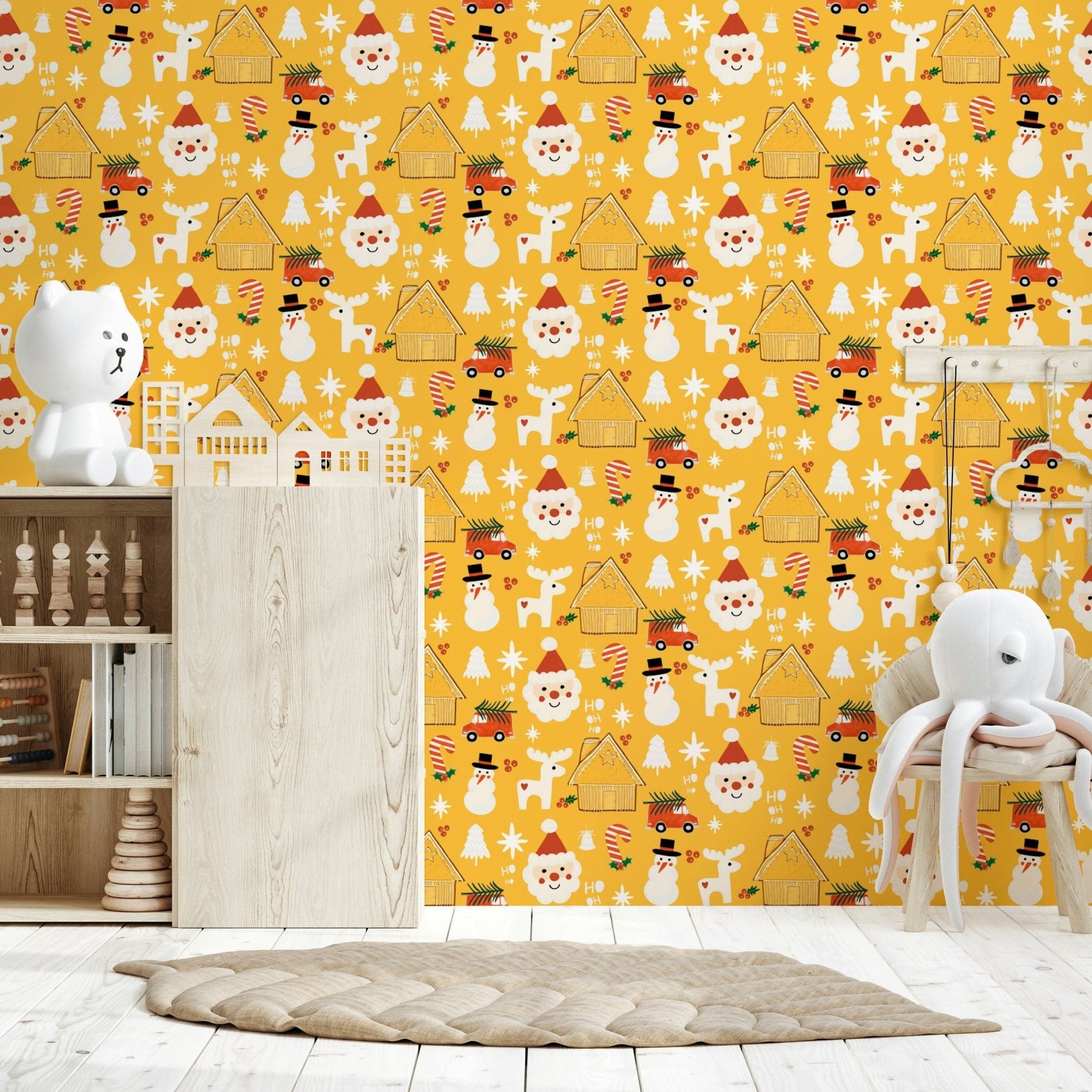 Holiday-themed wallpaper featuring repeated winter characters and Christmas elements in a playful layout.