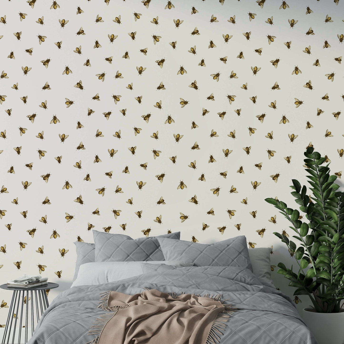 The image features stylized, whimsical bees flying around.
