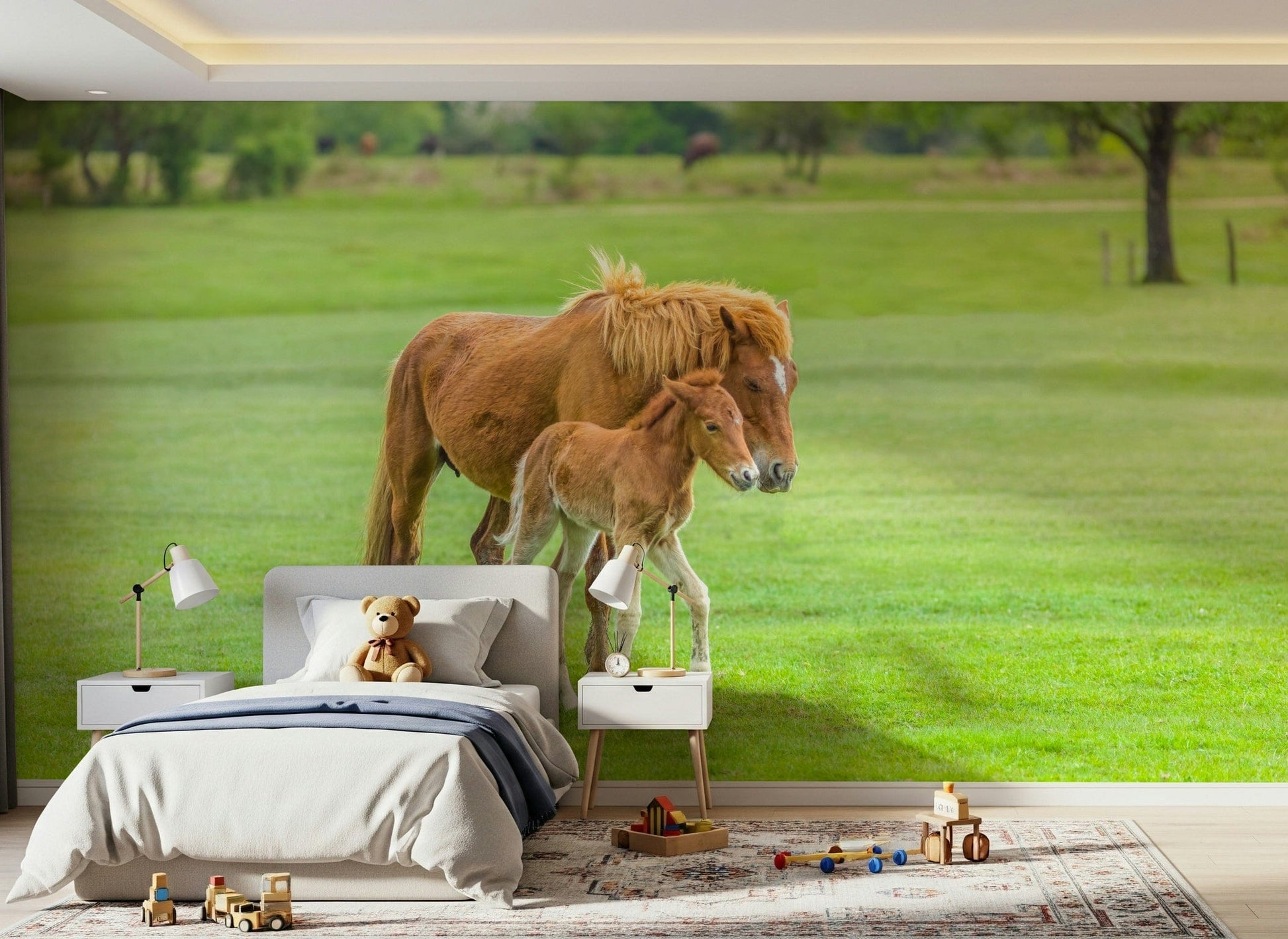 Apartment nursery wall decor with foal mural, quiet country scene