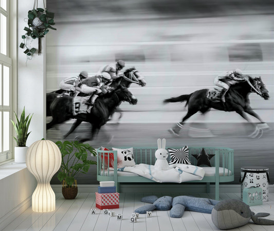 Horse Race Thrill Wallpaper – Dynamic mural depicting horses racing at full speed, capturing energy and motion.