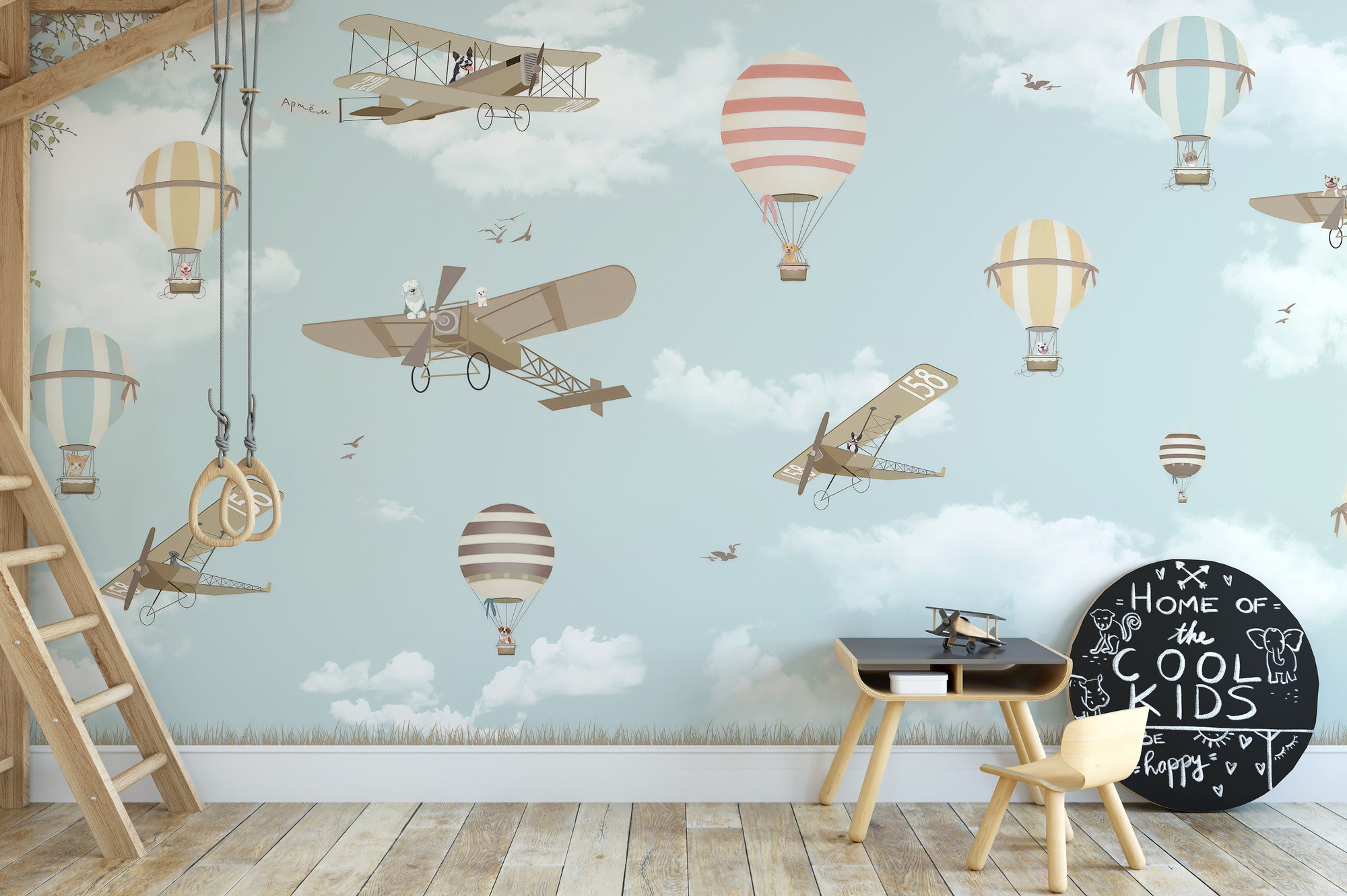 Hot Air Balloons & Planes Fun land wallpaper mural shown as a full feature wall that highlights the design