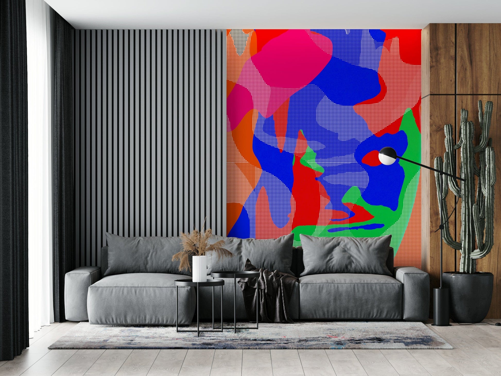 Dynamic abstract dot composition with fiery color palette, wall mural