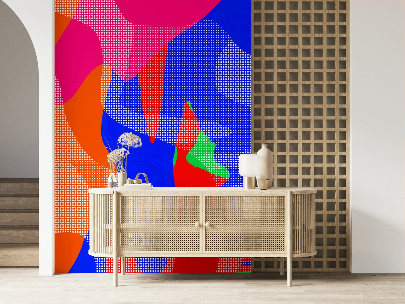 Vibrant red and orange dots in dynamic pattern, Hot Dots wall mural