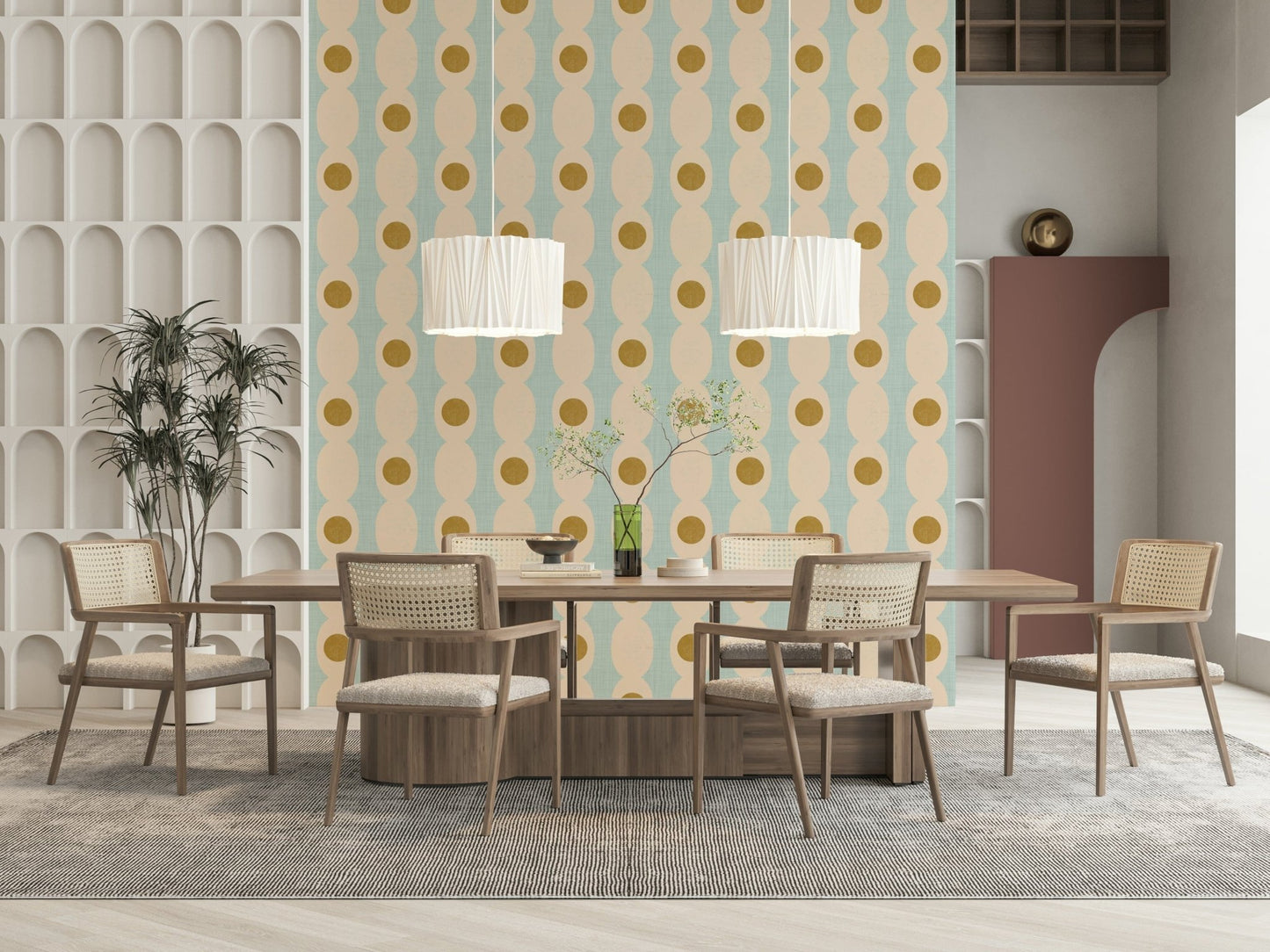 Minimal hourglass pattern wallpaper with subtle echoing forms.