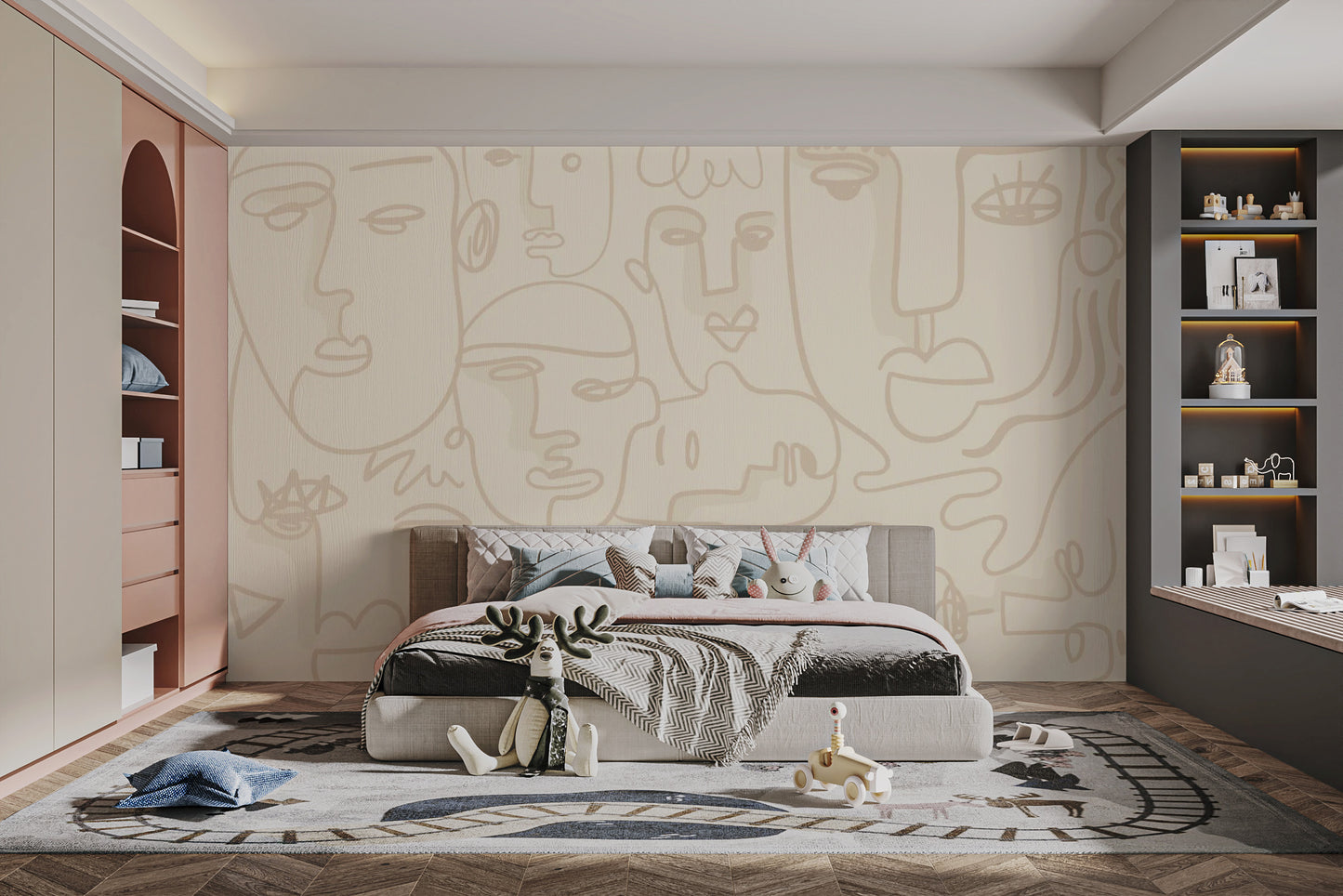 Human Artistic matte finish bedroom wall mural depicting abstract expressions.