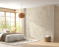 Bohemian style wall mural showing hand-drawn facial profiles in a bedroom wallpaper.