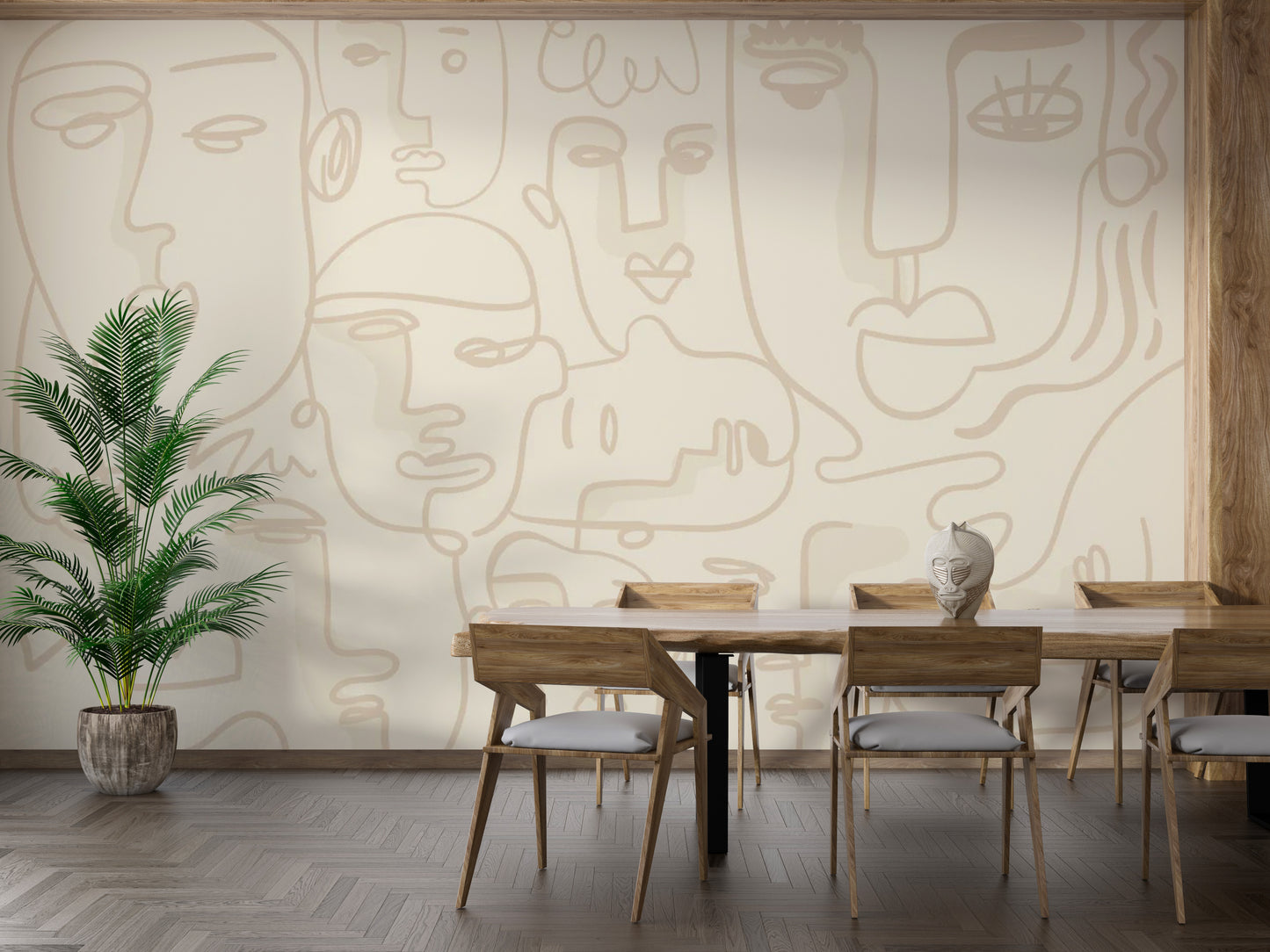 Abstract silhouette dining room wall mural featuring continuous line art faces.