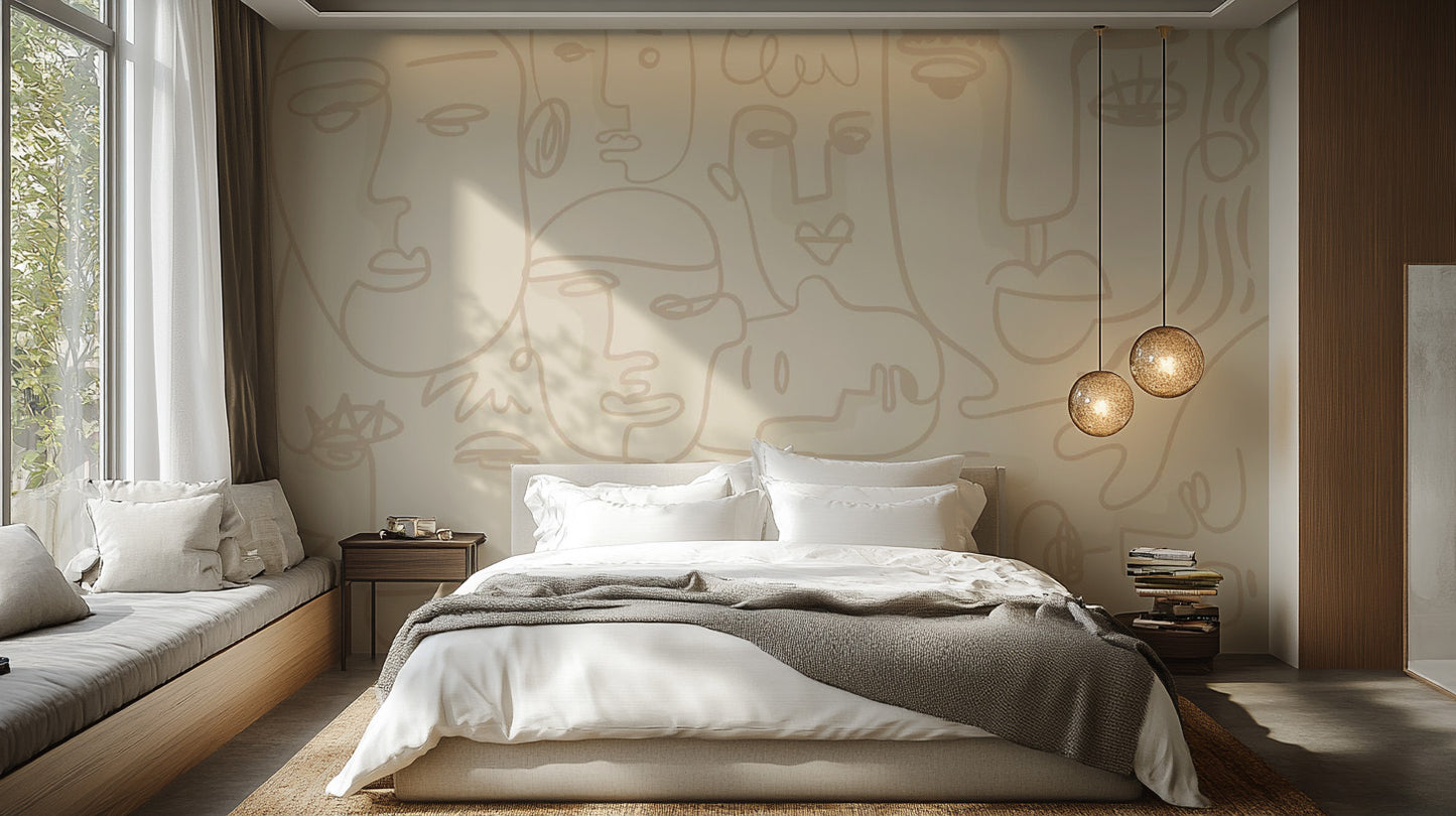 Minimalist Human Face Line bedroom wall mural with black ink strokes.