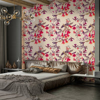 A peaceful botanical aviary mural on decorative wallpaper.

