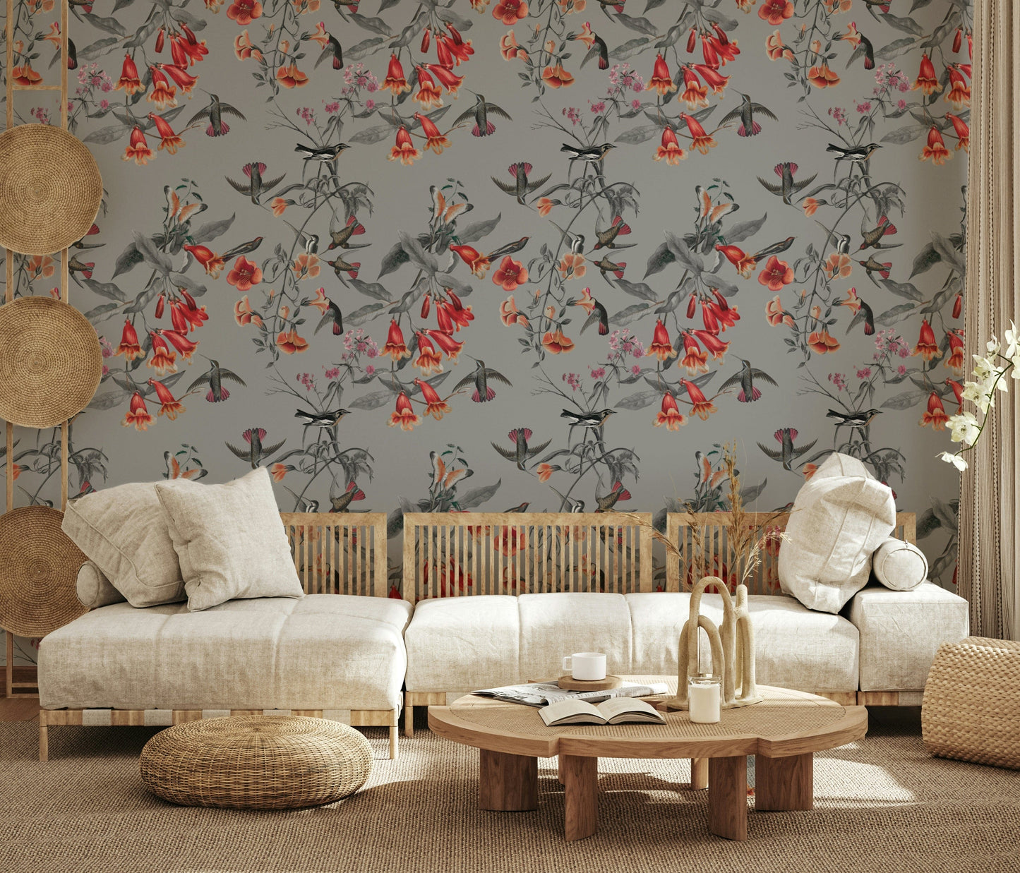 Hummingbird's Song Wallpaper paired with wicker furniture in a sunroom.