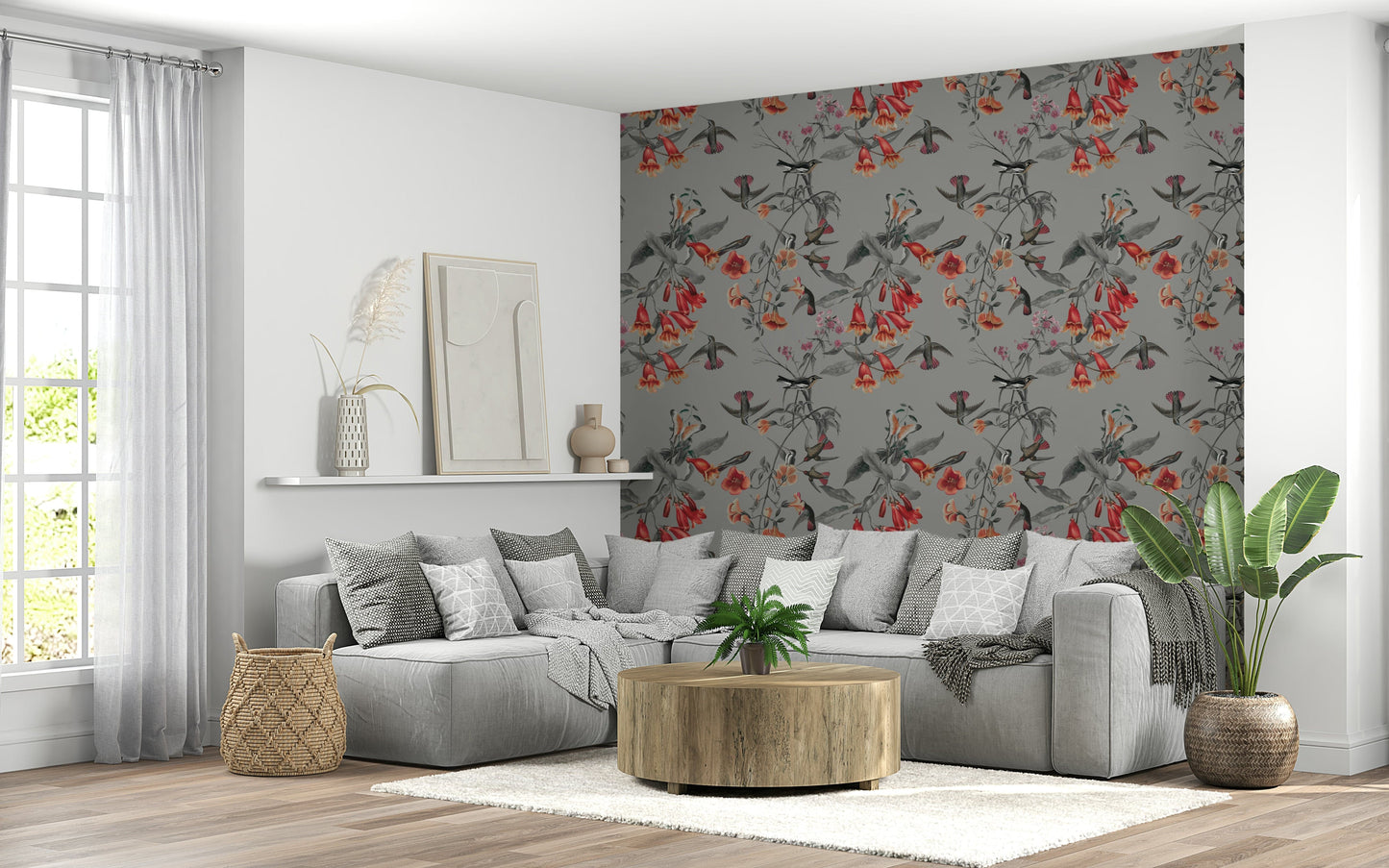 Realistic garden imagery used for a dining room accent wall.