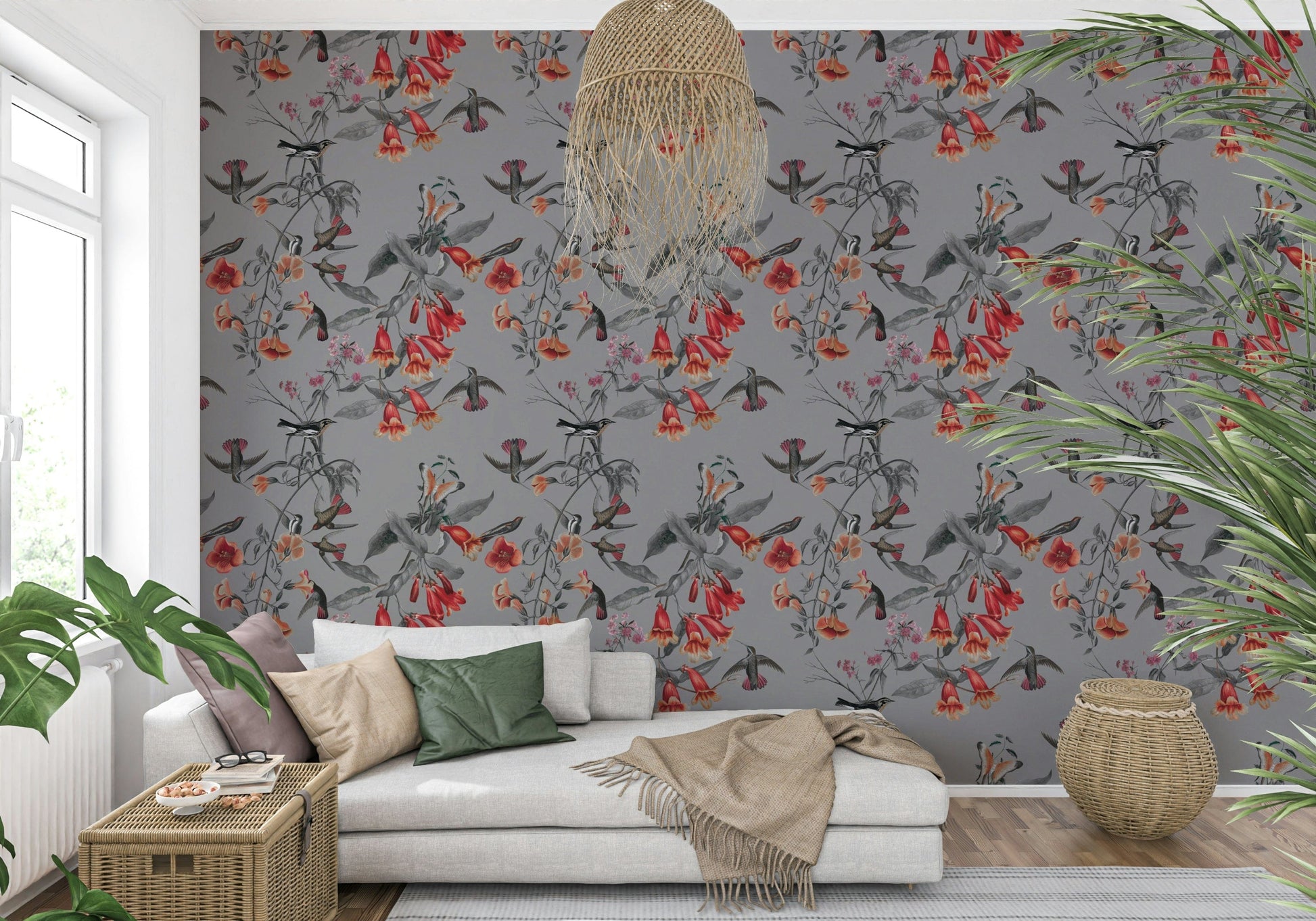 Garden bird wallpaper for a bright and airy bedroom feature wall.