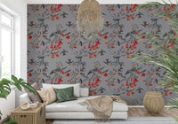 Garden bird wallpaper for a bright and airy bedroom feature wall.