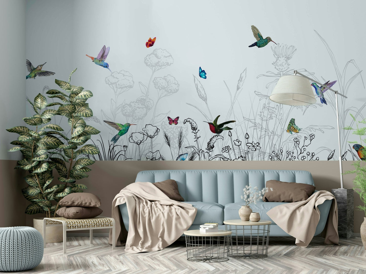 A wall mural of a peaceful hummingbird and foliage pattern.

