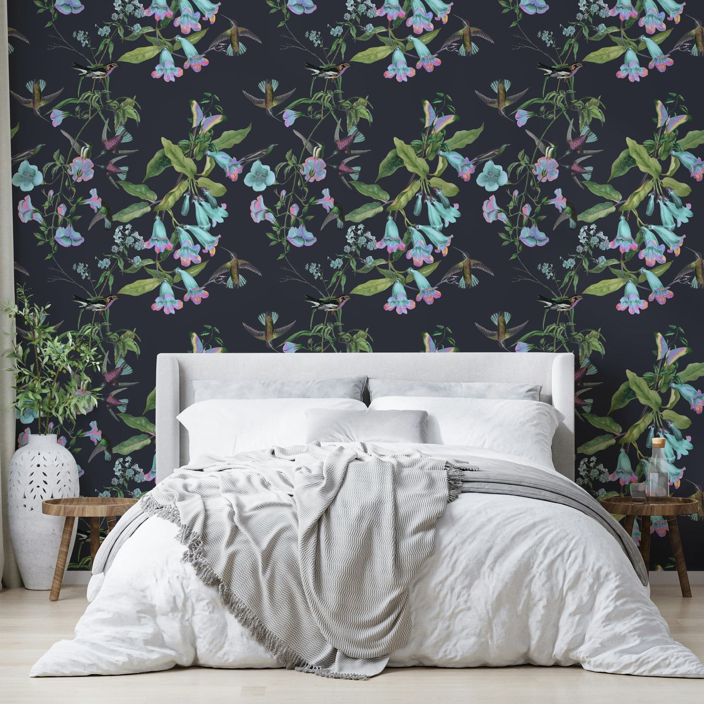 A contemplative flower and bird wallpaper mural for a feature wall.

