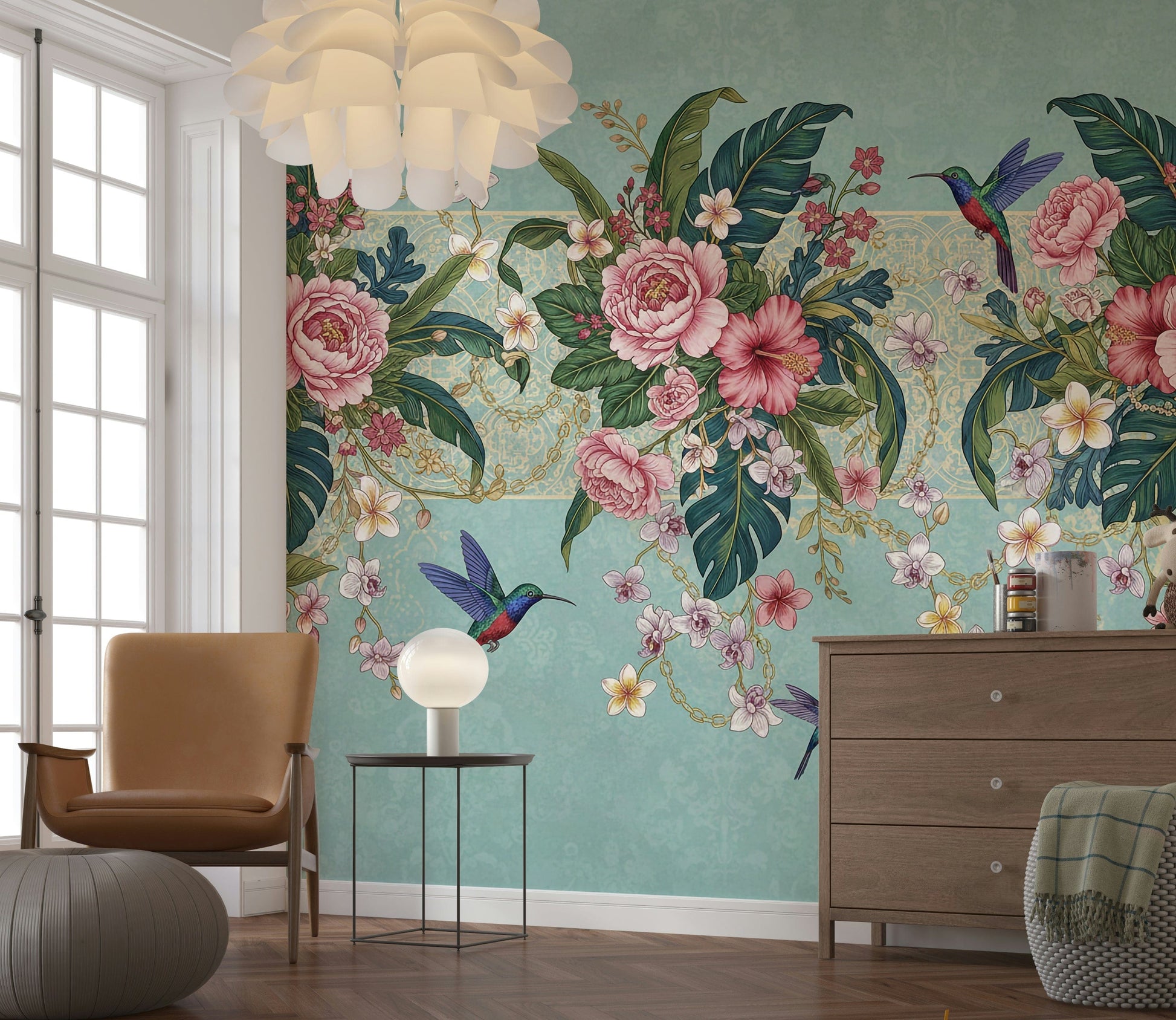 Large scale hummingbird mural for a modern dining room in a UK home.