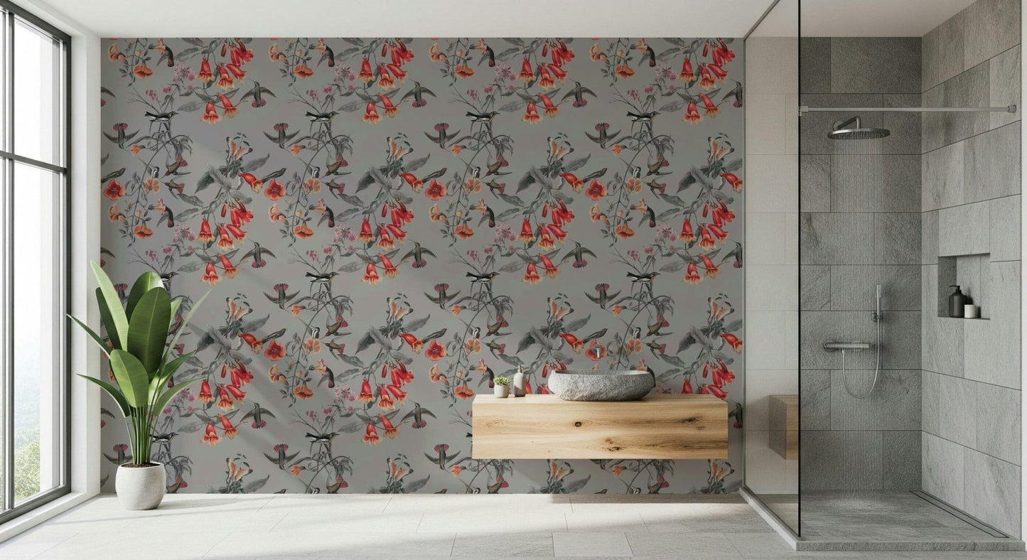 Hummingbird's Song Wallpaper behind a minimalist entertainment unit.