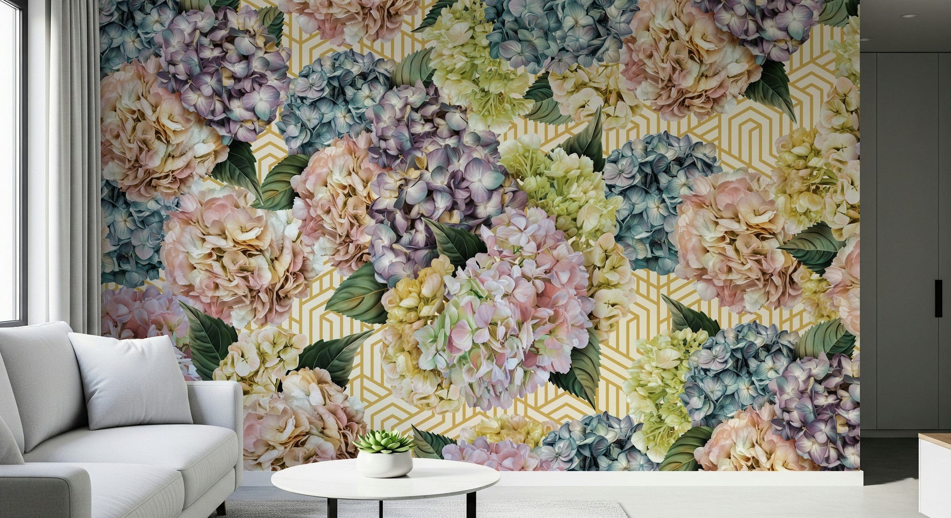 An artistic delicate flower mural on minimalist wallpaper.

