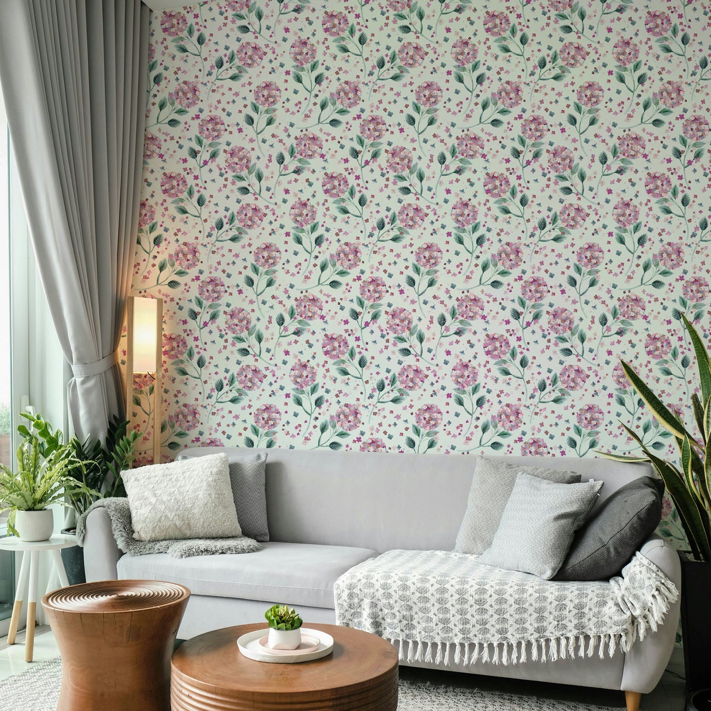 Lush hydrangea floral print wallpaper for living rooms

